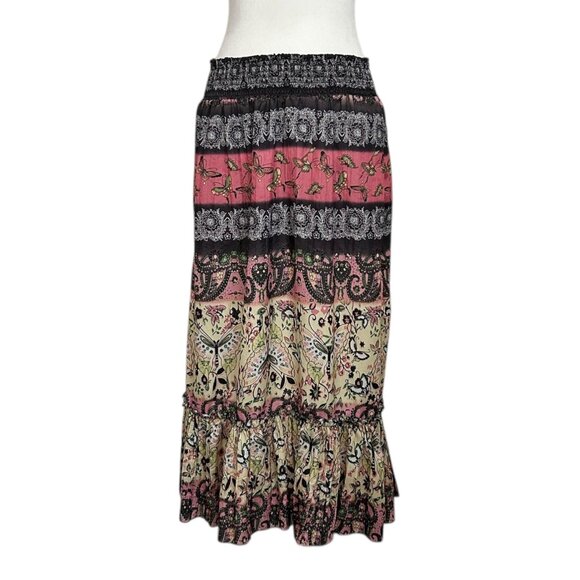 Baccini Boho Gypsy Tiered Floral Butterfly Garden Print Maxi Skirt (PM) - Picture 1 of 11
